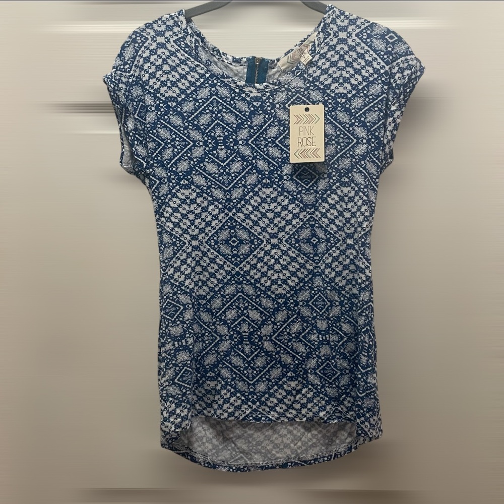 Pink Rose Blue Patterned Women's Top